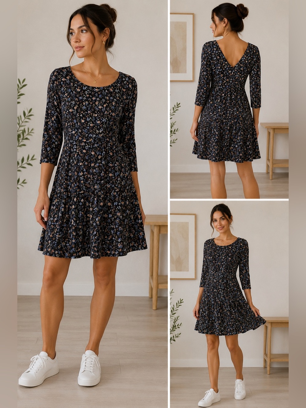 Floral Scoop Neck A-Line Dress - Black